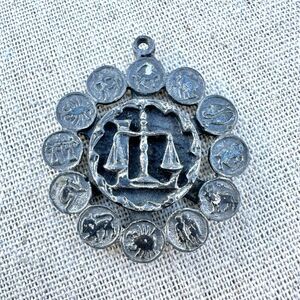 Libra Scales Vintage Silver Medallion Pendant Astrology Birth Sign Zodiac Chart